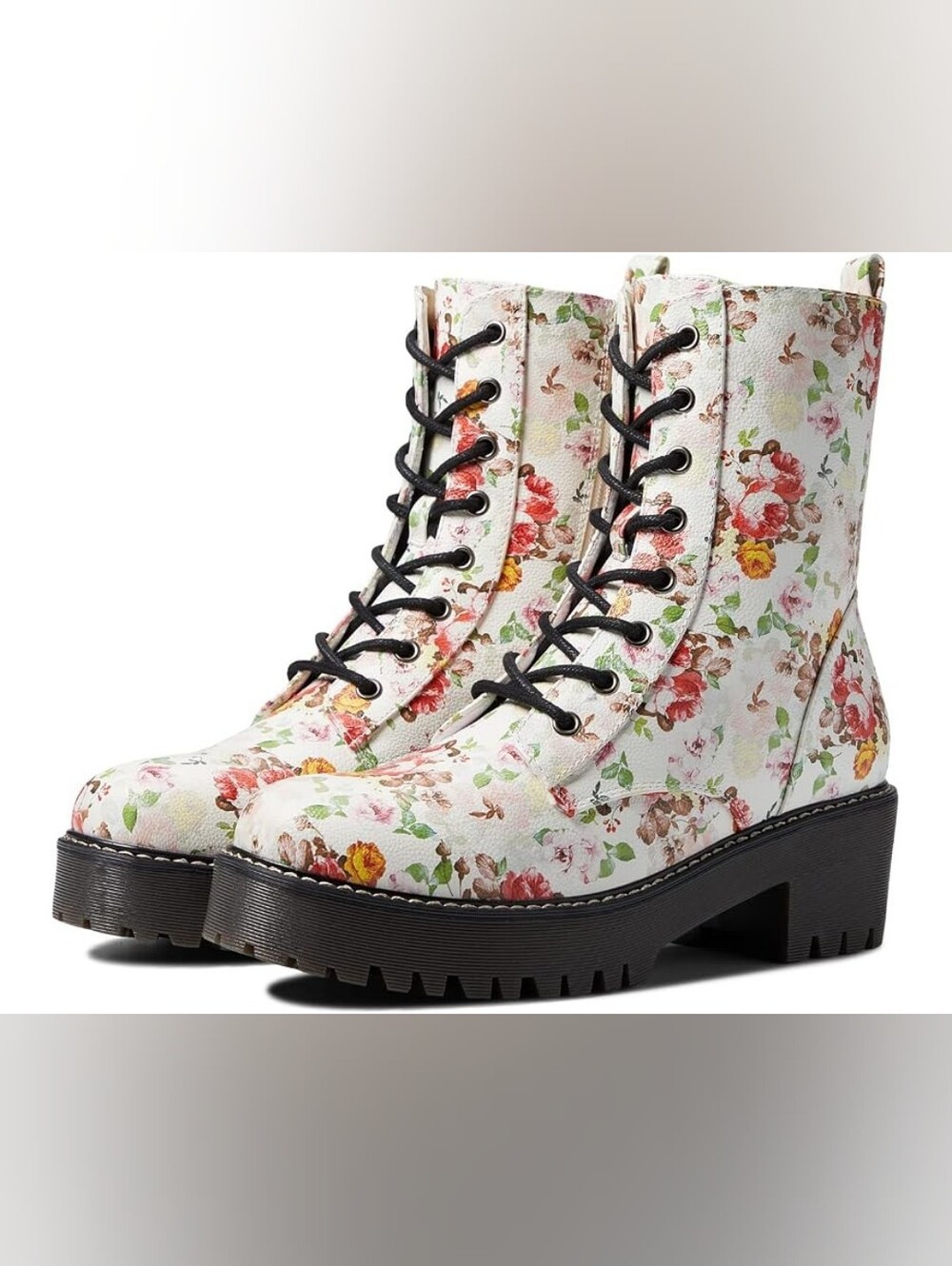 🌸 UNIONBAY Rumble White Rose Floral Combat Boots Size 8🌸